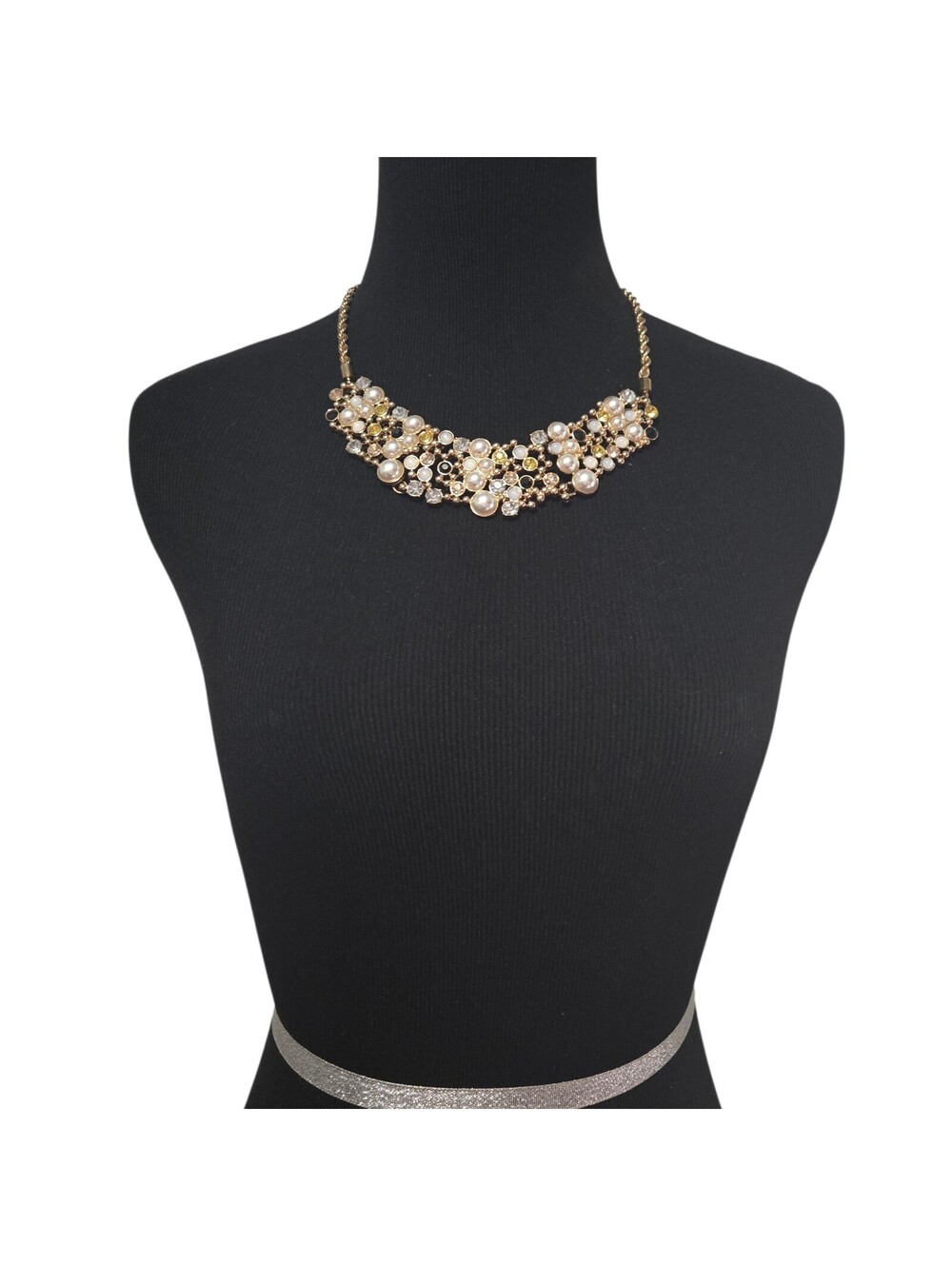 Gold Tone Pearl Crystal Cluster Statement Necklace Multi Color Rhinestones EUC